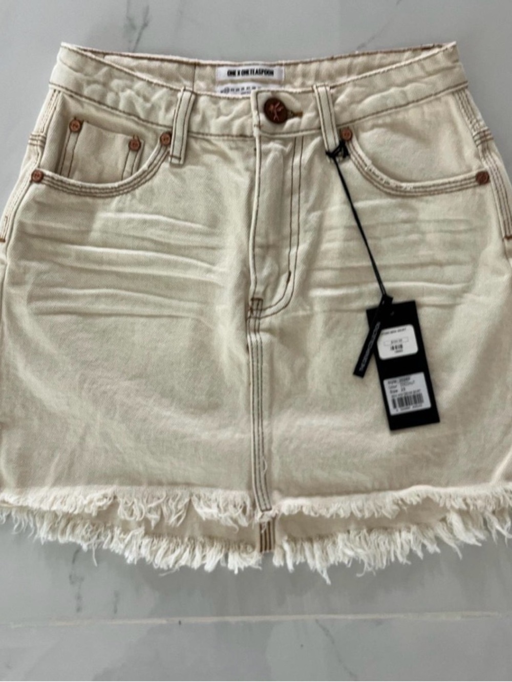 One Teaspoon Cream Raw-Hem Denim Mini Skirt